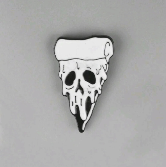 Black white pizza slice skull enamel brooch pin clothes hat bag denim backpack - Picture 1 of 5